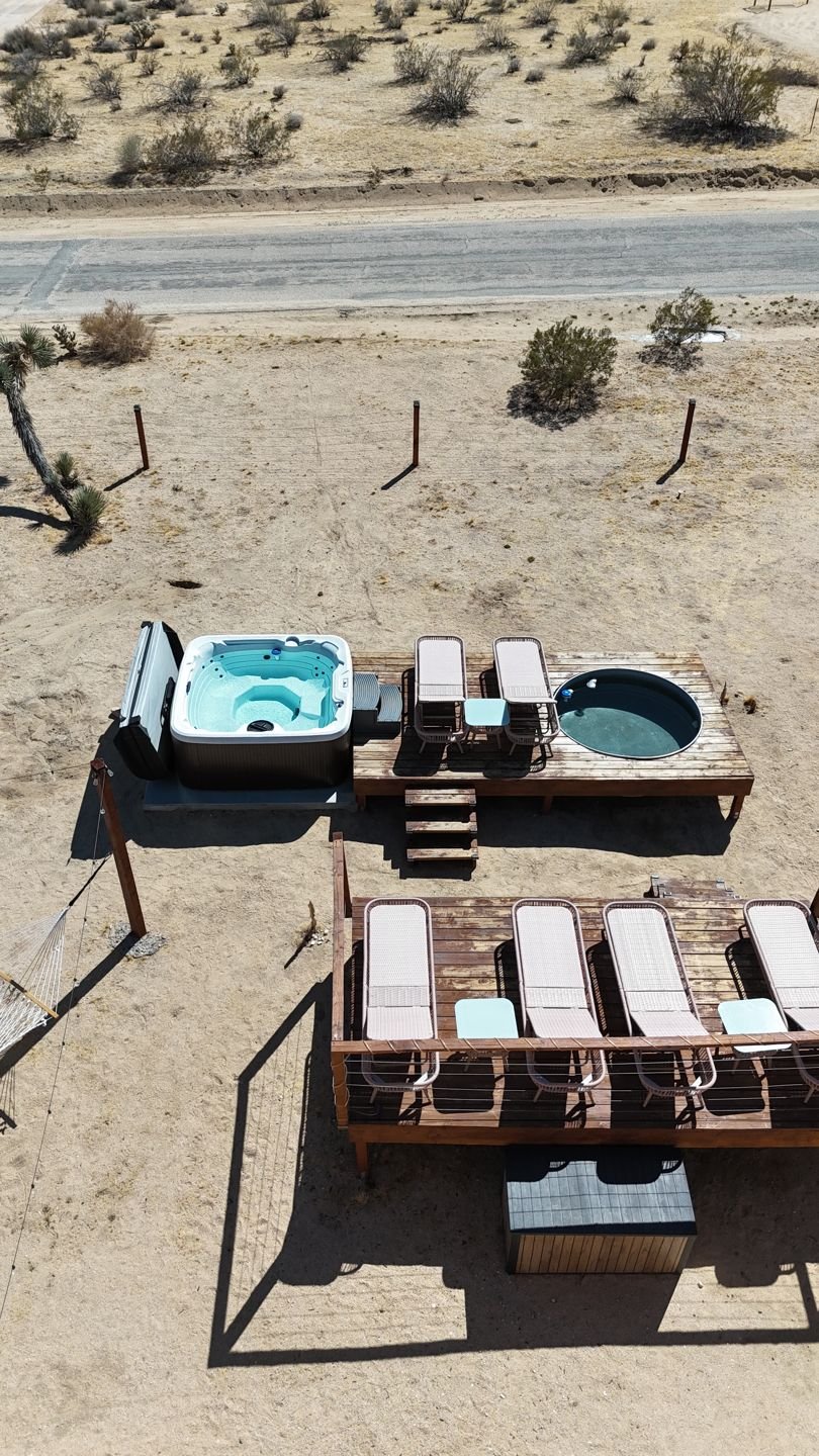 Aerial view of the hot tub and cowboy pool deck