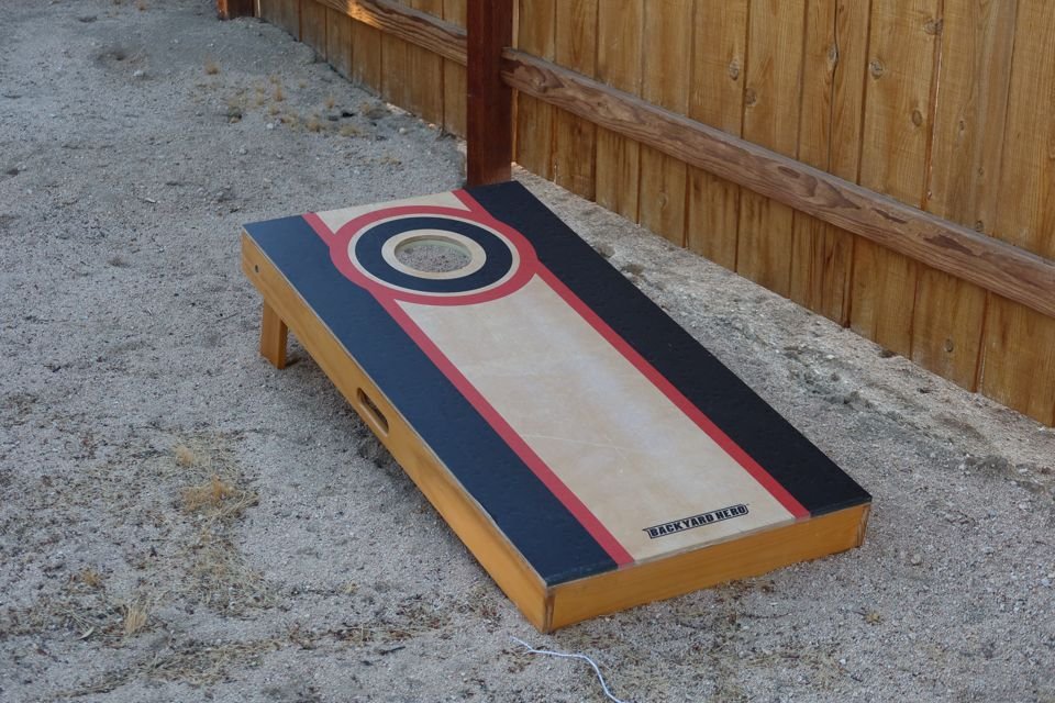 Cornhole set in the yard
