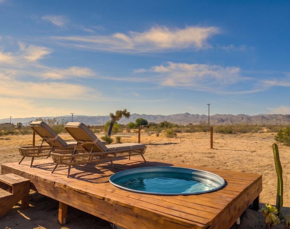 Cowboy soaking pool and loungers at golden hour
